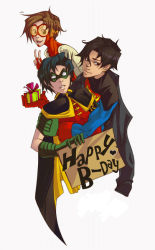 3boys bart_allen batman_(series) birthday black_hair bodysuit bow box brown_hair cape dc_comics domino_mask earrings fingerless_gloves flash_(series) gift gloves goggles impulse jewelry kon-el male_focus mask multiple_boys pixiv_sample red_gloves resized robin_(dc) s_shield superboy superman_(series) tim_drake v xmenoux young_justice