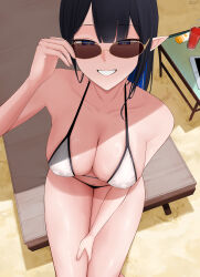 1girl absurdres adjusting_eyewear alternate_costume bare_arms bare_legs bare_shoulders between_legs bikini black_hair blue_archive breasts cleavage colored_inner_hair covered_erect_nipples double-parted_bangs from_above grin hand_between_legs highres large_breasts luxe multicolored_hair pointy_ears rin_(blue_archive) sitting smile solo sunglasses swimsuit two-tone_hair white_bikini