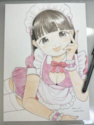 Rule 34 | 1girl, absurdres, apron, art tools in frame, artist name, blunt bangs, bow, bowtie, breasts, brown eyes, brown hair, cleavage cutout, clothing cutout, dated, dot nose, dress, feet out of frame, frilled wristband, hand on own cheek, hand on own face, heart cutout, highres, large breasts, leaning forward, looking at viewer, lying, maid, maid apron, maid headdress, nagomurasan, on side, original, pastel (medium), photo (medium), pink bow, pink dress, red bow, red bowtie, signature, simple background, solo, swept bangs, thighhighs, tongue, tongue out, traditional media, white apron, white background, white headdress, white thighhighs, wristband