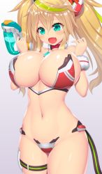1girl absurdres asamura_hiori blonde_hair bracelet breasts fang female_focus gene_(pso2) gradient_background green_eyes green_hair headgear highres jewelry large_breasts long_hair multicolored_hair navel open_mouth phantasy_star phantasy_star_online_2 purple_background revealing_clothes sidelocks smile solo streaked_hair thigh_strap thighs twintails two-tone_hair water_gun