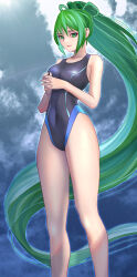 Rule 34 | 1girl, black one-piece swimsuit, blue sky, breasts, cloud, commentary request, commission, competition swimsuit, covered navel, feet out of frame, green eyes, green hair, highleg, highleg one-piece swimsuit, highres, long hair, medium breasts, one-piece swimsuit, own hands clasped, own hands together, ponytail, shimaguni yamato, sky, solo, swimsuit, vividgreen, vividred operation