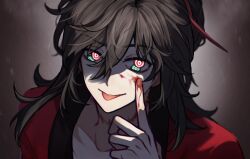 Rule 34 | 1boy, :p, akanbe, black hair, blood, blood on face, blood on hands, brown hair, chinese clothes, chinese commentary, coat, collarbone, dao gui yi xian, extra pupils, eyelid pull, green eyes, hair between eyes, hair ribbon, half updo, hand up, hanfu, highres, hong zhong, index finger raised, li huowang, long hair, looking at viewer, male focus, multicolored eyes, ponytail, portrait, red coat, red eyes, red ribbon, ribbon, scar, scar on neck, shade, smile, solo, tongue, tongue out, upper body, wuyinwanzai