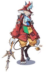 1girl ascot barefoot blue_ascot burmecian final_fantasy final_fantasy_ix freija_crescent graysheartart helmet highres holding holding_polearm holding_weapon jacket looking_to_the_side medium_hair mouse_girl mouse_tail pants polearm red_helmet red_jacket signature simple_background solo spear standing tail weapon white_background winged_helmet yellow_pants