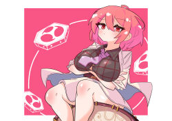 1girl absurdres ahoge arms_under_breasts belt black_shirt breasts crossed_arms drum drum_set feet_out_of_frame hair_between_eyes happynalga hashtag-only_commentary highres horikawa_raiko instrument jacket large_breasts looking_at_viewer mitsudomoe_(shape) necktie plaid_clothes plaid_shirt purple_necktie red_background red_eyes red_hair shirt simple_background sitting skirt solo taiko_drum tomoe_(symbol) touhou white_jacket white_skirt