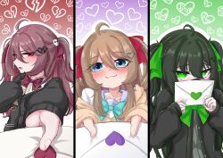blue_eyes blue_ribbon blush evil_neuro-sama filter-sama_(neuro-sama) green_eyes green_hair green_ribbon hair_ornament handing_object heart letter love_letter neuro-sama red_eyes red_hair red_ribbon ribbon ritspi shy