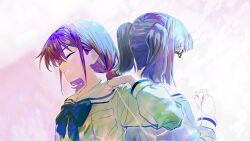 2girls blue_bow blue_bowtie blue_shirt bow bowtie brown_hair chinese_commentary closed_eyes commentary_request earphones girls_band_cry glasses grey_hair highres hina_(girls_band_cry) iseri_nina long_sleeves low_twintails multiple_girls open_mouth shirt short_hair short_twintails twintails upper_body ydpfa