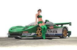 1girl absurdres acura_(brand) amoemo boots brown_hair car commission crop_top green_boots green_shorts green_tank_top highres honda honda_nsx motor_vehicle on_car original parted_bangs pixiv_commission race_queen race_vehicle racecar shorts tank_top thigh_boots