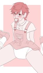 1boy arms_behind_back blush crossdressing diaper gekkan_shoujo_nozaki-kun highres male_focus mikoshiba_mikoto overalls pieceofsoap pink_hair shy solo trap white_diaper