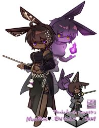 Rule 34 | 1girl, absurdres, animal ears, black shirt, black skirt, breasts, brown hair, chibi, closed mouth, commentary request, commission, constellation hair ornament, cosplay, crop top, dark-skinned female, dark skin, earrings, english text, fire, foil (fencing), full body, grey jacket, hair between eyes, highres, holding, holding sword, holding weapon, indie virtual youtuber, jacket, jacket partially removed, jewelry, looking at viewer, medium breasts, midriff, mini mimi, navel, purple eyes, purple fire, rabbit and steel, rabbit ears, rabbit girl, see-through clothes, see-through jacket, shirt, short hair, simple background, skeb commission, skirt, sleeveless, sleeveless shirt, smile, spellsword rabbit, spellsword rabbit (cosplay), standing, suzaki-san, sword, virtual youtuber, weapon, white background