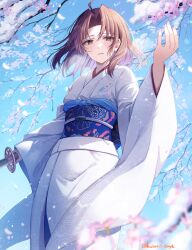 Rule 34 | 1girl, ahoge, brown eyes, brown hair, cherry blossoms, floral print, fujimori shiki, highres, holding, holding sword, holding weapon, japanese clothes, kara no kyoukai, kimono, long sleeves, looking at viewer, medium hair, obi, outdoors, ryougi shiki, sash, snow, solo, sword, weapon, wide sleeves