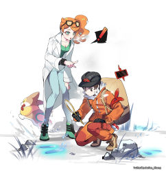 ! 1boy 1girl absurdres arm_ribbon backpack bag black_headwear boots bracelet brown_bag brown_hair commentary_request expedition_uniform eyewear_on_head fur-trimmed_jacket fur_trim gen_8_pokemon green_eyes green_footwear green_shirt hair_ornament heart heart_hair_ornament helmet highres holding jacket jewelry lab_coat leaning_forward magnifying_glass nintendo orange_hair orange_jacket orange_pants pants pointing poke_ball poke_ball_(basic) pokemon pokemon_(creature) pokemon_swsh ribbed_shirt ribbon rock shirt side_ponytail sonia_(pokemon) spoken_exclamation_mark squatting standing sunglasses twitter_username victor_(pokemon) yamper youchengyan