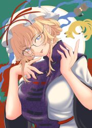 Rule 34 | 1girl, blonde hair, blue eyes, breasts, cat, chen, chen (cat), dated, dress, floral background, fox, glasses, hand up, hat, highres, large breasts, lipstick, long hair, looking at viewer, makeup, mob cap, mole, mole above eye, mole under mouth, multiple tails, open mouth, purple tabard, red lips, short sleeves, slit pupils, smile, soretsu nitohei, tabard, tail, touhou, upper body, white dress, yakumo ran, yakumo ran (fox), yakumo yukari