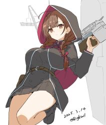 1girl absurdres ahoge anti-aircraft anti-aircraft_gun belt bigkwl black_capelet black_dress blush braid breasts brown_belt brown_eyes brown_hair capelet crane_(machine) dated dress hair_ribbon highres hood hood_up hooded_capelet kantai_collection large_breasts long_hair long_sleeves looking_at_viewer pleated_dress red_ribbon ribbon rigging shinshuu_maru_(kancolle) solo twin_braids twitter_username