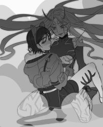 2girls alien_stage animal_ears body_markings breasts carrying carrying_person cat_ears chinese_commentary commentary demon_girl demon_horns detached_sleeves fake_animal_ears fang floating_hair greyscale highres horns jacket long_hair mizi_(alien_stage) monochrome multiple_girls open_mouth shirt short_hair sleeveless sleeveless_shirt smile sua_(alien_stage) tuxiaoning_not very_long_hair