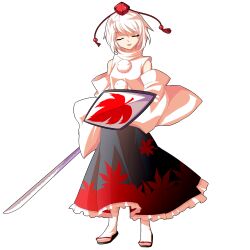 1girl alphes_(style) closed_eyes commentary_request dairi detached_sleeves facing_viewer full_body hat holding holding_shield holding_sword holding_weapon inubashiri_momiji large_variant_set leaf_print long_skirt maple_leaf_print open_mouth parody pom_pom_(clothes) sandals shield short_hair skirt socks solo standing straight-on style_parody sword tachi-e tokin_hat touhou transparent_background turtleneck variant_set weapon white_hair white_socks