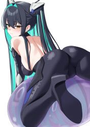 Rule 34 | 1girl, aqua hair, ass, backless bodysuit, bare shoulders, black bodysuit, black hair, blush, bodysuit, breasts, closed mouth, colored inner hair, commentary request, cone hair bun, double bun, goddess of victory: nikke, hair between eyes, hair bun, hair intakes, hexagon print, high heels, highres, large breasts, little mermaid (nikke), long hair, looking at viewer, looking back, multicolored hair, simple background, solo, twintails, very long hair, white background, xi oshir1, yellow eyes