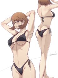 1girl alternate_costume armpits arms_behind_head arms_up ass bare_arms bare_legs bare_shoulders bikini black_bikini blush breasts brown_eyes brown_hair cleavage closed_mouth collarbone corner50777313 cowboy_shot earrings feet_out_of_frame flipped_hair from_behind halterneck highres jewelry large_breasts looking_at_viewer mixed-language_commentary multiple_views navel persona persona_3 short_hair side-tie_bikini_bottom simple_background standing stomach swimsuit takeba_yukari white_background