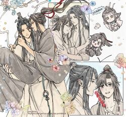 2boys ahoge bishounen black_hair black_hanfu blush brown_hair brushing_another&#039;s_hair brushing_hair carrying chibi chibi_inset chinese_clothes closed_eyes closed_mouth collarbone comb couple eating falling_flower falling_petals floating_hair flower food grey_eyes hair_ribbon hanfu headband highres holding holding_comb holding_flower holding_food hug lan_wangji long_hair long_sleeves looking_at_another male_focus modao_zushi multiple_boys multiple_views open_mouth parted_lips pectoral_cleavage pectorals petals ponytail princess_carry profile rabbit red_ribbon ribbon robe saliva sidelocks sleeping smile tanghulu tassel topknot twitter_username w2biiro watermark wei_wuxian white_hanfu white_headband white_rabbit_(animal) wide_sleeves xiao_guan_(headdress) yaoi yaopei yellow_eyes