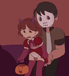 1boy 1girl ? animated animated_gif brown_eyes brown_hair clothes_lift confused cum cum_in_container dui_(duihan) ejaculation elbow_gloves fake_horns fang gloves halloween halloween_bucket hetero hockey_mask holding horns loli mask o_o open_mouth panties penis pink_gloves pink_thighhighs red_skirt rubbing skin_fang skirt skirt_lift spanked spanking tears thigh_sex thighhighs underwear