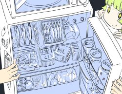 1girl 1other can carrot carton drink_can food green_hair highres jar medium_hair original osakana_tomika potato pov refrigerator refrigerator_interior sardine smile sparkling_eyes tomato