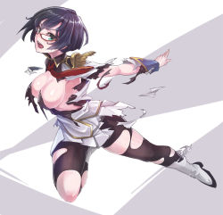 10s 1girl :d aqua_eyes black_hair black_pantyhose black_shirt boots breasts cleavage collared_shirt epaulettes female_focus full_body glasses jacket konnyaku_(kk-monmon) large_breasts looking_at_viewer miniskirt necktie no_bra open_mouth outstretched_arm pantyhose pleated_skirt red-framed_eyewear red_necktie shigure_kasumi shirt short_hair skirt smile solo torn_clothes torn_jacket torn_pantyhose torn_shirt torn_skirt valkyrie_drive valkyrie_drive_-mermaid- white_boots white_skirt