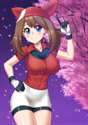 1girl absurdres alternate_breast_size bandana bike_shorts_under_skirt blue_eyes blush breasts brown_hair closed_mouth collarbone collared_shirt commentary_request cowboy_shot els_(ljhlee12) eyelashes falling_petals gloves hand_on_own_hip hand_up highres index_finger_raised leaning long_hair may_(pokemon) night nintendo outdoors petals pokemon pokemon_rse red_bandana red_shirt shiny_skin shirt skirt sky smile solo white_skirt