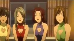 animated animated_gif anime_screenshot black_hair blonde_hair blue_dress breasts brown_hair cleavage death_note dress green_dress happy multiple_girls panning panning_camera pink_dress red_dress sitting smile take_your_pick yellow_dress