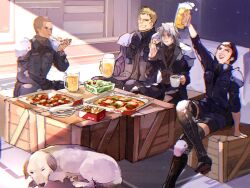 1girl 3boys armor beer_mug black_boots black_hair black_jacket blonde_hair bombyxmori_ckr boots chest_strap crate crossed_legs cup dark-skinned_male dark_skin dog final_fantasy final_fantasy_vii final_fantasy_vii_ever_crisis food glenn_lodbrok grey_hair grin highres holding holding_cup holding_food holding_pizza jacket knee_pads lucia_lin matt_winsord mug multiple_boys one_eye_closed parted_bangs pauldrons pizza pizza_box pizza_slice refu_(ff7ec) salad sephiroth sephiroth_(ever_crisis) short_hair shoulder_armor sitting smile teeth toasting_(gesture) turtleneck very_short_hair
