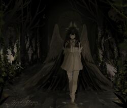 1girl absurdly_long_hair angel_wings armlet arms_behind_back artist_name bare_shoulders black_hair bug closed_eyes columbina_(genshin_impact) commentary dark dragonfly dress eye_mask facing_viewer feathered_wings forest full_body genshin_impact glitter_dress hair_between_eyes head_down head_wings highres in_water insect jewelry leg_ribbon long_hair multiple_wings nature ribbon sepia shallow_water short_dress signature sleeveless sleeveless_dress smile solo sparkling_clothes stepping straight-on tree very_long_hair water white_dress white_mask white_ribbon white_wings wings yumicowyvern