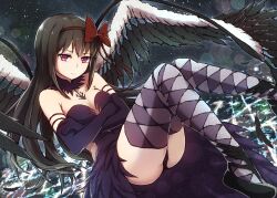 1girl akemi_homura akuma_homura argyle_clothes argyle_thighhighs ass black_dress black_feathers black_gloves black_hair black_shoes black_wings bow bow_hairband breasts closed_mouth crossed_arms dress falling_feathers feathers gloves hair_bow hairband looking_at_viewer mahou_shoujo_madoka_magica mahou_shoujo_madoka_magica:_hangyaku_no_monogatari mahou_shoujo_madoka_magica_(anime) night night_sky purple_eyes red_bow ruka_(naritayuzu) shoes sky small_breasts solo thighs wings