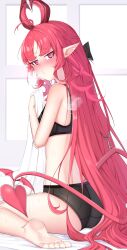 1girl absurdres arknights ass black_bra black_panties blush bra demon_girl demon_horns demon_tail highres horns key long_hair looking_at_viewer looking_back nymph_(arknights) panties pointy_ears red_eyes red_hair sitting solo tail tarako_(mentaitarasupa) underwear very_long_hair wariza