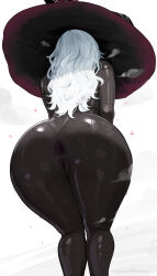 1girl absurdres aelion_draws anus aroused ass ass_focus bare_shoulders black_skin breasts colored_skin completely_nude dark-skinned_female dark_anus dark_skin elden_ring elden_ring_nightreign from_behind hat heavy_breathing highres huge_ass large_breasts large_hat long_hair nude presenting presenting_anus presenting_ass purple_hat pussy recluse_(elden_ring) simple_background solo steam steaming_body sweat thighs very_dark_skin white_hair witch witch_hat