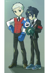 Rule 34 | 2boys, absurdres, armband, bandaid, bandaid on face, bandaid on forehead, black jacket, black pants, black ribbon, black shoes, blue gloves, blue hair, blue shoes, boxing gloves, collared shirt, commentary request, digital media player, earphones removed, full body, gekkoukan high school uniform, gloves, grey hair, hand on own hip, highres, jack frost (megami tensei), jacket, long sleeves, male focus, multiple boys, neck ribbon, pants, persona, persona 3, po su su, pyro jack, red armband, red sweater vest, ribbon, s.e.e.s, sanada akihiko, school uniform, shirt, shoes, short hair, standing, sweater vest, watermark, white shirt, yuuki makoto (persona 3)