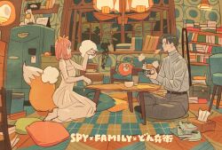 Rule 34 | 1boy, 1girl, aged up, anya (spy x family), belt, blush, bond (spy x family), book, copyright name, damian desmond, director chimera (spy x family), dress, eye contact, fox tail, full body, highres, holding, indian style, indoors, looking at another, medium hair, pink hair, profile, shirt, short hair, sitting, spy x family, tail, takeuchi ryousuke, turtleneck, turtleneck shirt, white dress