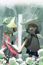 1girl brown_bag brown_eyes brown_hair creatures_(company) dandelion flower fukkatsu_no_maya game_freak highres holding_hands iron_valiant juliana_(pokemon) necktie nintendo pokemon pokemon_(creature) pokemon_sv purple_necktie purple_shorts rainbow school_uniform shorts uva_academy_school_uniform water waterfall