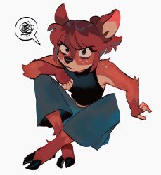 1girl animal_ears barefoot black_eyes blue_pants brown_hair closed_mouth deer_ears deer_girl deer_tail furry furry_female highres looking_at_viewer multicolored_hair original pants ponytail red_hair rengemenge short_hair short_ponytail solo speech_bubble spoken_squiggle squiggle tail