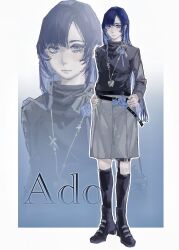 1girl ado_(utaite) belt black_belt black_shirt black_shoes black_socks blue_eyes blue_flower blue_hair blue_rose chando_(ado) character_name commentary_request ear_piercing earrings flower grey_skirt ha-chan_(ado) highres htt_hatuotuo jewelry kneehighs long_hair long_sleeves mole mole_under_eye necklace piercing rose shirt shoes skirt socks solo utaite zoom_layer