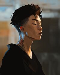 Rule 34 | 1boy, black hair, black shirt, closed eyes, closed mouth, commentary, from side, highres, jewelry, male focus, neck tattoo, necklace, original, outdoors, profile, sam yang, shirt, short hair, solo, tattoo