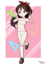1girl absurdres bare_shoulders border bow bow_bra bow_hairband bow_panties bra brown_eyes brown_hair child collarbone commentary_request dated double_v flat_chest full_body hairband highres loli looking_at_viewer mary_janes navel open_mouth original panties pink_background pink_bra pink_panties platinum-mix red_hairband shoes socks solo standing underwear v white_border white_socks