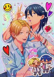 2boys alternate_costume alternate_hairstyle bangs_pinned_back blonde_hair blue_eyes blue_hair blue_necktie bracelet candy chainsaw_man character_name chibi chibi_inset collared_shirt commentary_request denji_(chainsaw_man) earrings food fox_shadow_puppet hayakawa_aki heart highres holding jewelry lollipop looking_at_viewer loose_necktie male_focus multiple_boys necktie open_mouth ponytail red_hair sharp_teeth shirt short_hair sleeves_pushed_up taka_gyoku teeth tongue upper_body v