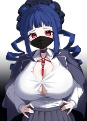 1girl absurdres black_choker black_hat black_jacket black_mask blue_hair breasts choker collared_shirt commission delinquent dizzy_dokuro grey_skirt hands_on_own_hips hat highres jacket jacket_on_shoulders long_hair mask mouth_mask nai_(cnoadi8) phase_connect pleated_skirt red_eyes school_uniform second-party_source shibari shibari_under_clothes shirt sidelocks skeb_commission skirt solo virtual_youtuber white_shirt