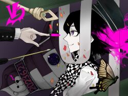 2boys arrow_(projectile) black_hair black_headwear bug bullet butterfly checkered_clothes checkered_scarf closed_mouth danganronpa_(series) danganronpa_v3:_killing_harmony insect jacket long_sleeves monokuma multiple_boys o_su-u_(osusan_enjipai) oma_kokichi pointing pointing_at_another profile purple_eyes rocket saihara_shuichi scarf smile solo_focus staff white_jacket