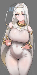 1girl absurdres azz0422 bare_shoulders breasts colored_skin commentary covered_navel english_commentary english_text expressionless gen_7_pokemon grey_background highres large_breasts long_hair looking_at_viewer nintendo personification pheromosa pokemon purple_eyes simple_background solo ultra_beast very_long_hair white_hair white_skin wide_hips
