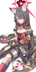 Rule 34 | 1girl, absurdres, animal ear fluff, animal ears, black hair, black kimono, black nails, black thighhighs, blue archive, breasts, cleavage, closed mouth, floral print, floral print kimono, fox ears, fox girl, fox mask, hand on own chest, highres, japanese clothes, kimono, kneehighs, looking at viewer, mask, pink socks, print kimono, single kneehigh, single sock, sitting, smile, socks, solo, thigh strap, thighhighs, torn clothes, torn thighhighs, vam (js vam), wakamo (blue archive), yellow eyes