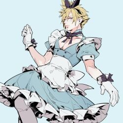 1boy alice_(alice_in_wonderland) alice_(alice_in_wonderland)_(cosplay) apron blonde_hair blue_dress blue_eyes bow chocobobun cloud_strife cosplay crossdressing crossdressing_(mtf) dress final_fantasy final_fantasy_vii frilled_dress frills gloves hair_bow low-cut male_focus pectorals puffy_sleeves ribbon short_hair spiked_hair standing white_apron white_gloves