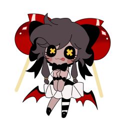1girl black_bow black_dress bow candy_apple candy_apple_cookie candy_apple_cookie_(cosplay) cookie_run cookie_run:_kingdom cosplay cyn_(murder_drones) dress food gradient_cape highres humanoid_robot katkit637729776 long_hair looking_at_viewer low-tied_sidelocks mechanical_arms murder_drones puffy_sleeves robot short_hair short_sleeves sidelocks simple_background smile yellow_eyes