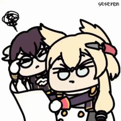 animated animated_gif azur_lane glasses lowres mikasa_(azur_lane) multiple_girls paper seseren squinting warspite_(azur_lane)