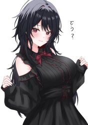 1girl akue alternate_costume bare_shoulders black_hair blush bow bowtie breasts colored_inner_hair corset dress frilled_dress frills highres iris_black_games jirai_kei kisaragi_ren_(vtuber) large_breasts long_hair looking_at_viewer multicolored_hair red_bow red_bowtie red_eyes red_hair simple_background sleeves_past_wrists solo upper_body virtual_youtuber vspo! white_background