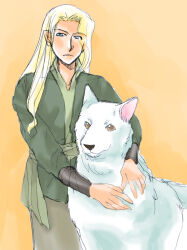 Rule 34 | 1boy, 1other, arms around neck, blonde hair, blue eyes, brown eyes, celegorm, closed mouth, dog, elf, eyebrows, eyebrows hidden by hair, eyes visible through hair, huan (silmarillion), long hair, looking at viewer, male focus, merethion, pointy ears, prince, simple background, the silmarillion, tolkien&#039;s legendarium, white dog, white fur