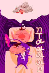 1boy @_@ absurdres alternate_costume bad_tag bare_arms big_nose black_shirt brown_hair colored_skin crushed dreaming flower frown furrowed_brow gloves helmet highres korean_text lying lying_on_person male_focus nightmare nintendo no_mouth olimar on_back open_mouth pikmin_(creature) pikmin_(series) pink_flower pointy_ears purple_background purple_hair purple_pikmin purple_skin radio_antenna red_gloves rock shirt short_hair short_sleeves space_helmet spacesuit speech_bubble squiggle sweat t-shirt thought_bubble translation_request trembling under_covers very_short_hair white_pikmin white_skin yu_pikmin